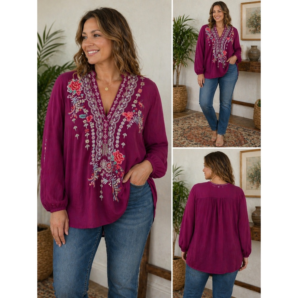 Johnny Was Blouse Embroidered Magenta Purple Cupra Rayon Boho Peasant Top Size M